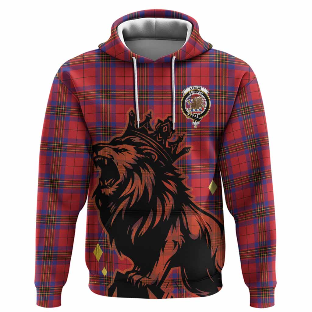 Leslie Tartan Family Crest Hoodie Crowned Lion Roaring