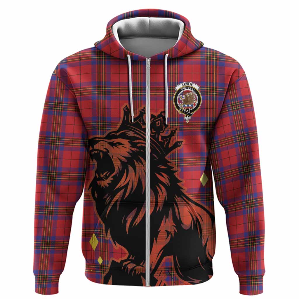 Leslie Tartan Family Crest Hoodie Crowned Lion Roaring