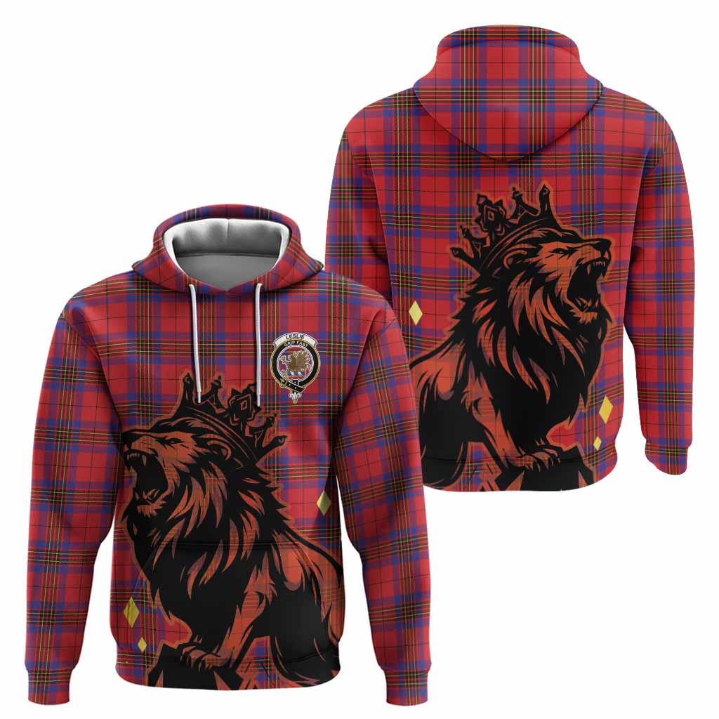 Leslie Tartan Family Crest Hoodie Crowned Lion Roaring
