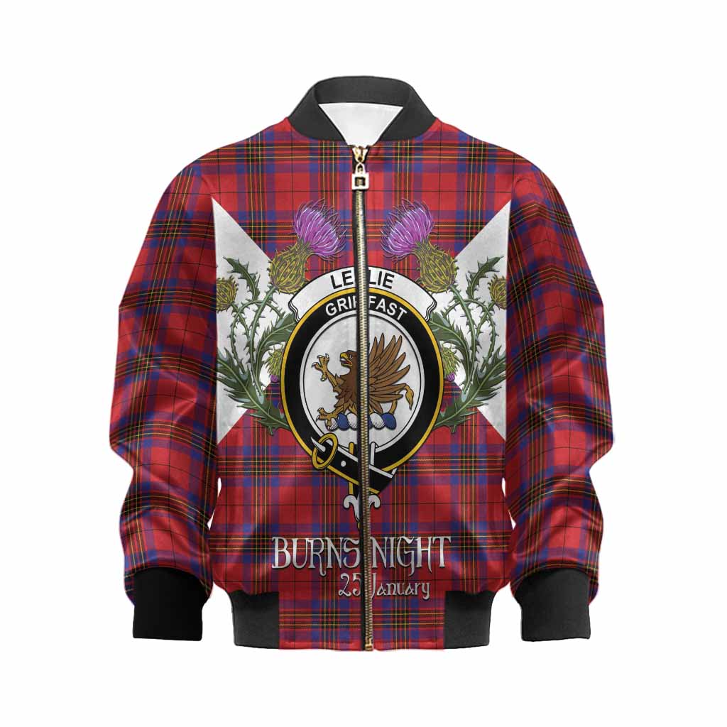 Leslie Tartan Family Crest Kid Bomber Jacket Scottish Burns Night Thistle Floral