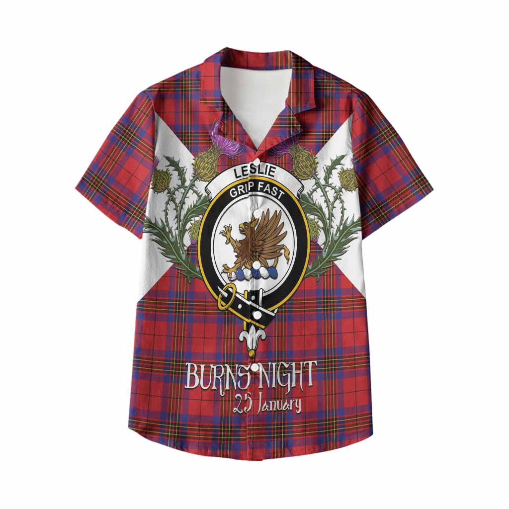 Leslie Tartan Family Crest Kid Hawaiian Shirt Scottish Burns Night Thistle Floral