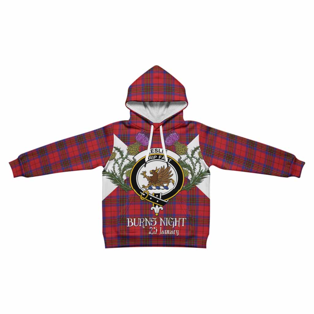 Leslie Tartan Family Crest Kid Hoodie Scottish Burns Night Thistle Floral