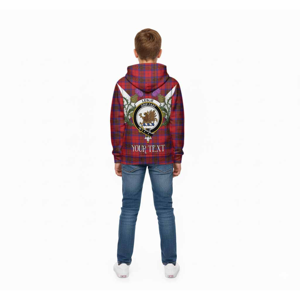 Leslie Tartan Family Crest Kid Hoodie Scottish Burns Night Thistle Floral