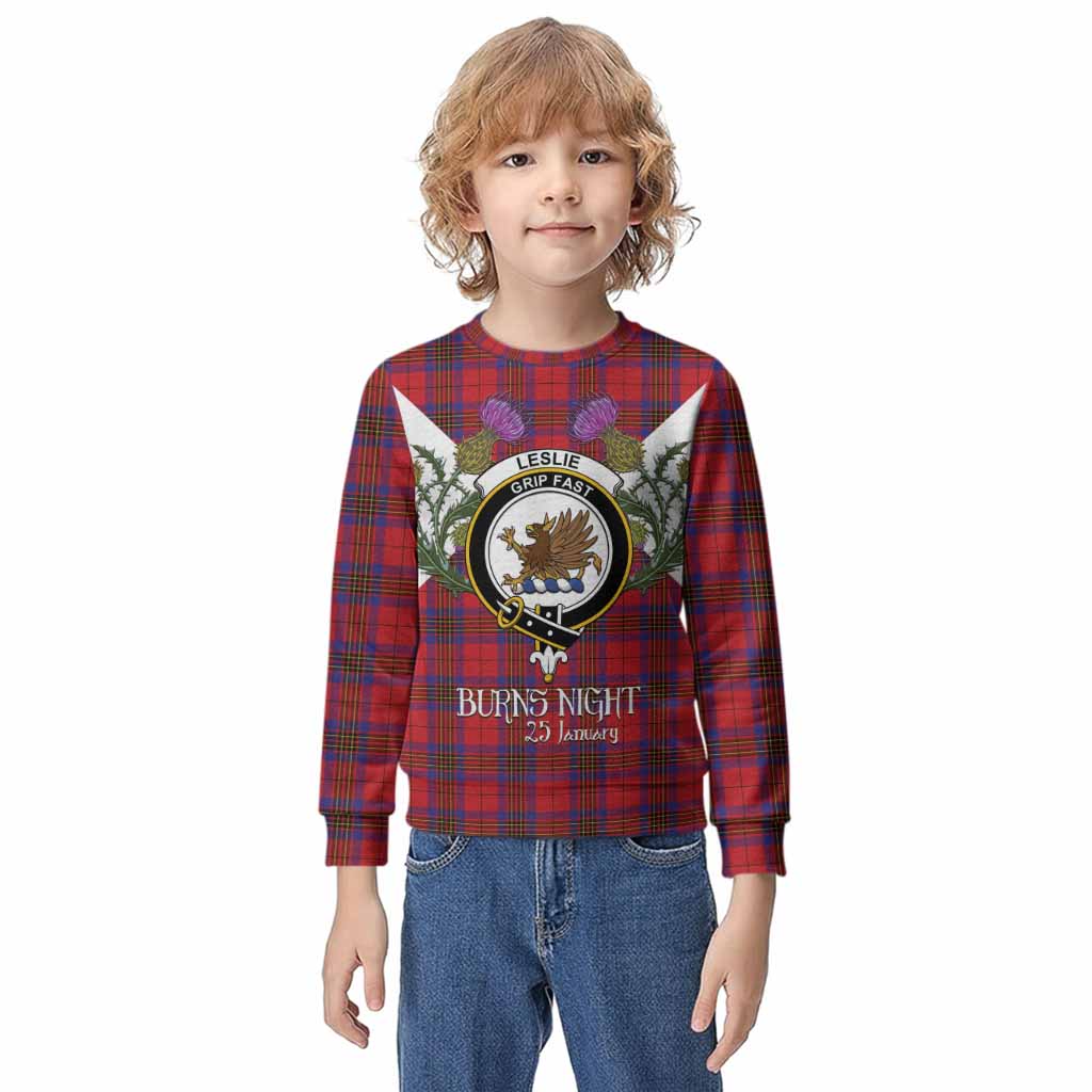 Leslie Tartan Family Crest Kid Knitted Sweatshirt Scottish Burns Night Thistle Floral