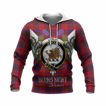 Leslie Tartan Family Crest Knitted Hoodie Scottish Burns Night Thistle Floral