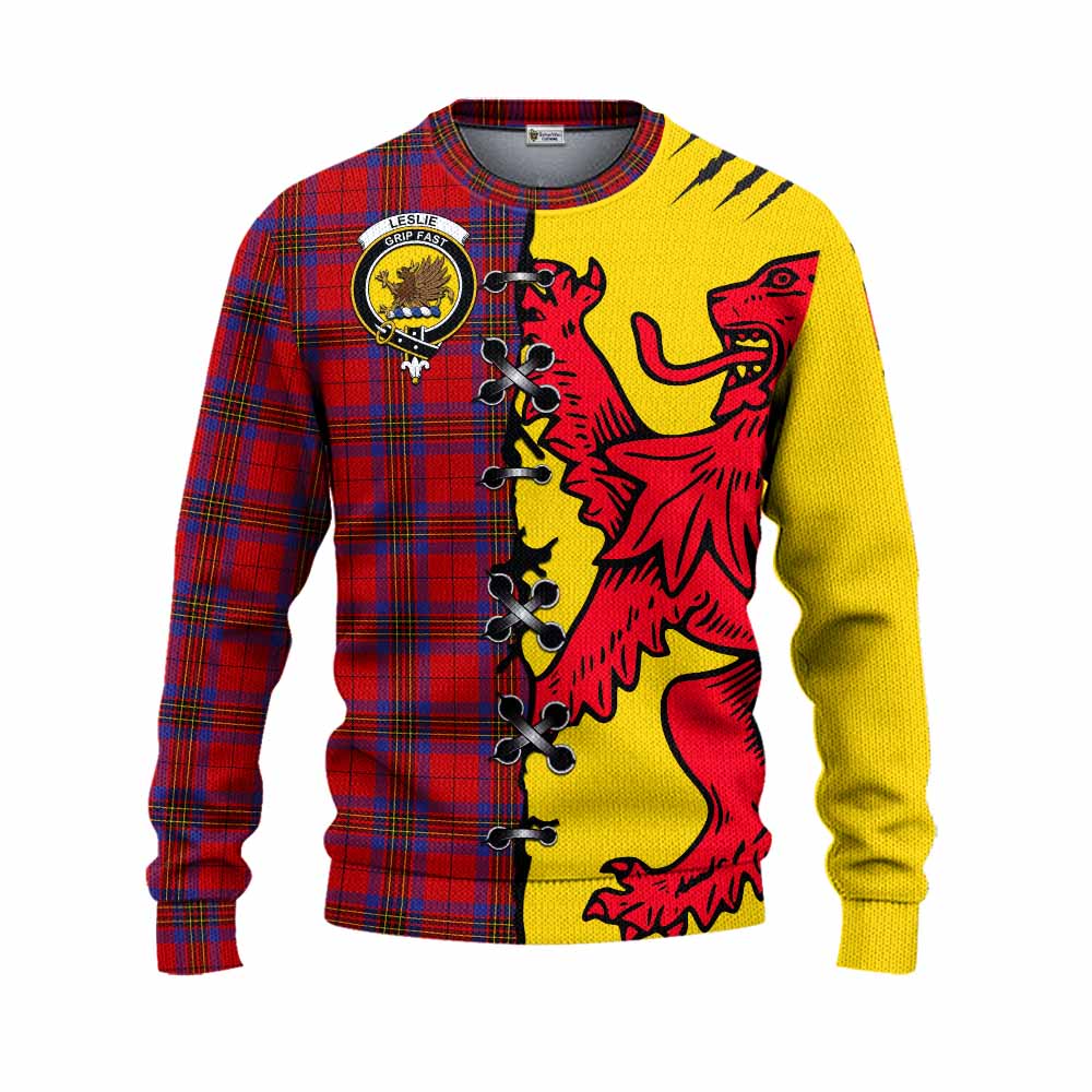 Leslie Tartan Family Crest Knitted Sweater Lion Rampant Honor - Tartan Vibes Clothing