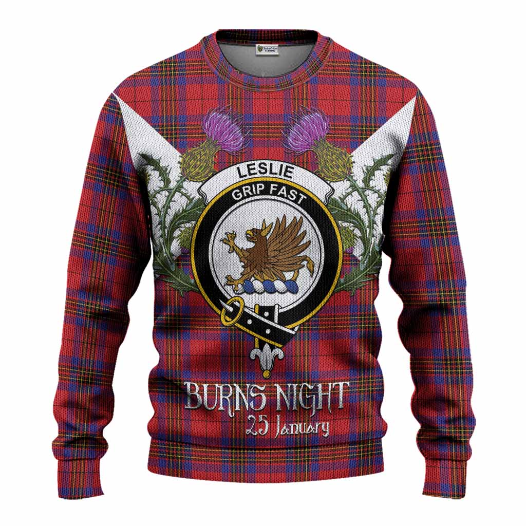 Leslie Tartan Family Crest Knitted Sweater Scottish Burns Night Thistle Floral
