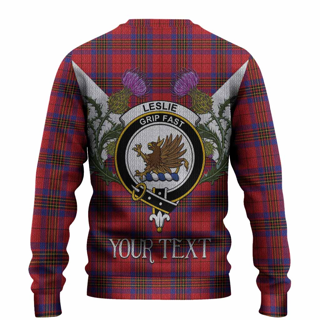 Leslie Tartan Family Crest Knitted Sweater Scottish Burns Night Thistle Floral
