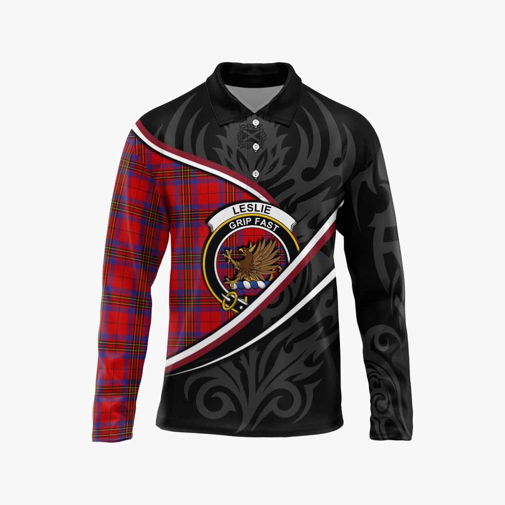Leslie Tartan Family Crest Long Sleeve Polo Shirt Celtic Scottish Thistle Floral - Tartan Vibes Clothing