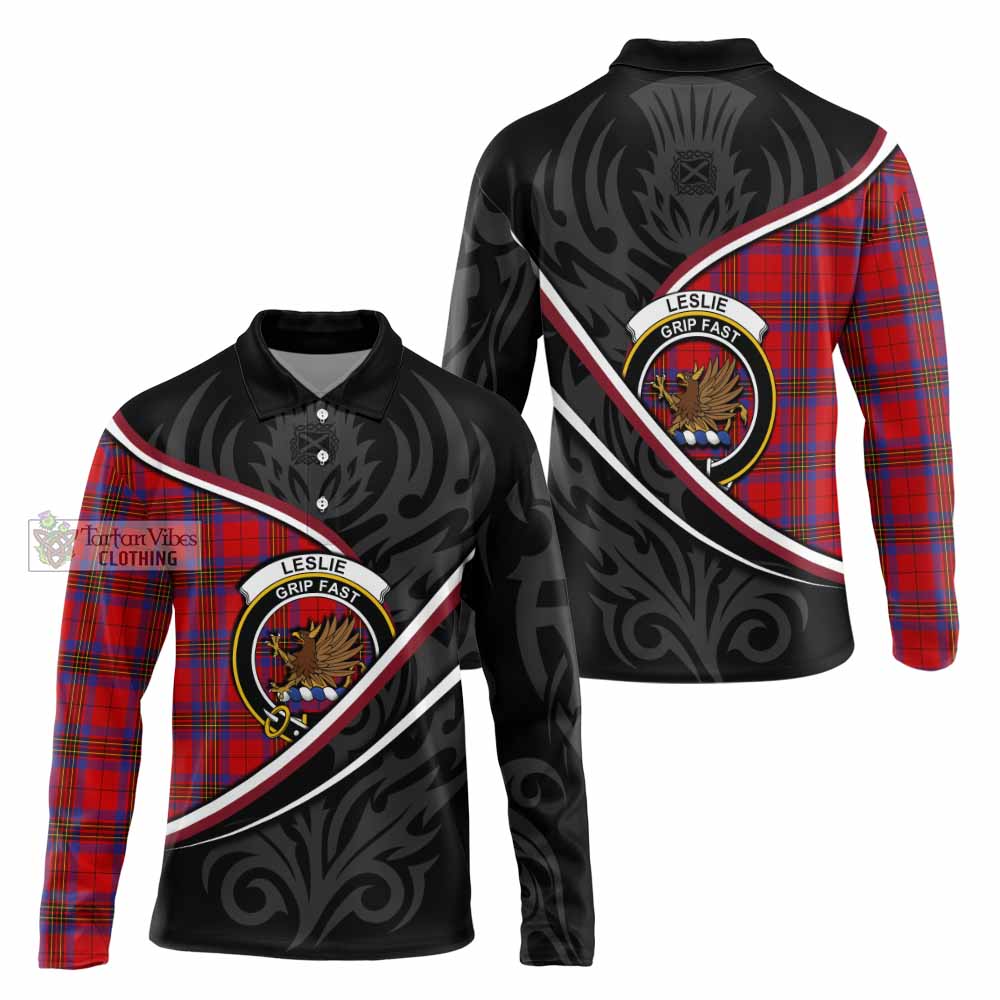 Leslie Tartan Family Crest Long Sleeve Polo Shirt Celtic Scottish Thistle Floral - Tartan Vibes Clothing