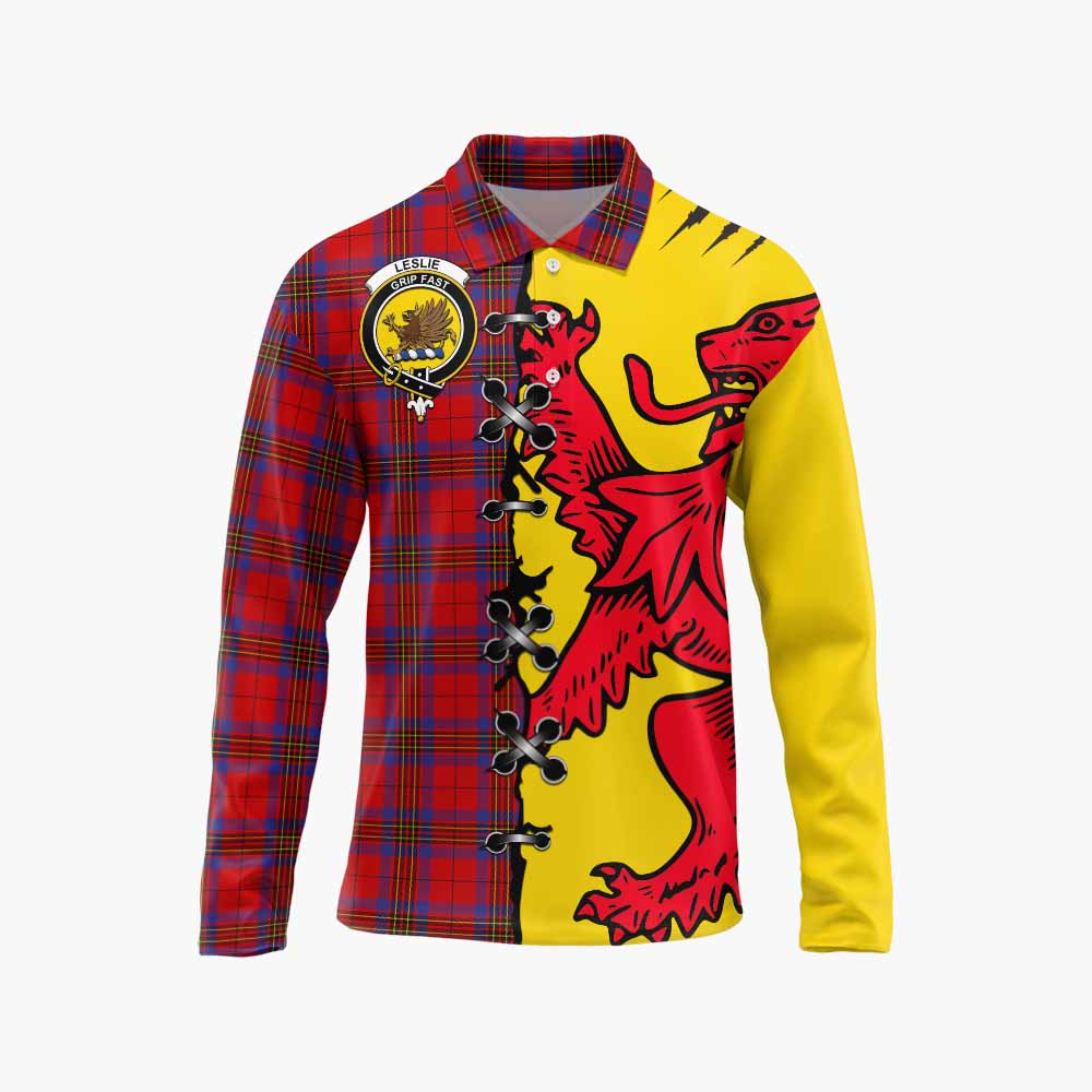 Leslie Tartan Family Crest Long Sleeve Polo Shirt Lion Rampant Honor - Tartan Vibes Clothing