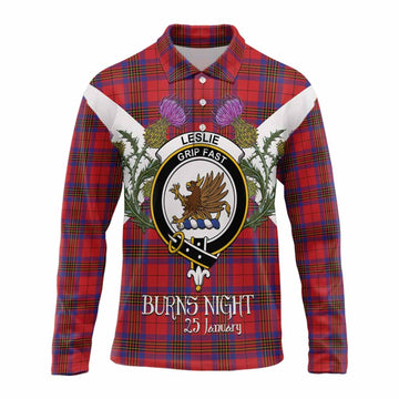 Leslie Tartan Family Crest Long Sleeve Polo Shirt Scottish Burns Night Thistle Floral