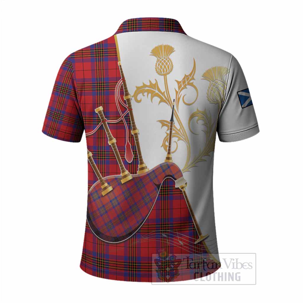 Leslie Tartan Family Crest Polo Shirt Bagpipes with Scottish Thistle