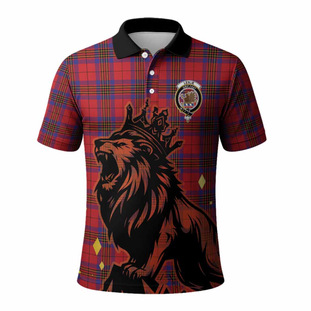 Leslie Tartan Family Crest Polo Shirt Crowned Lion Roaring