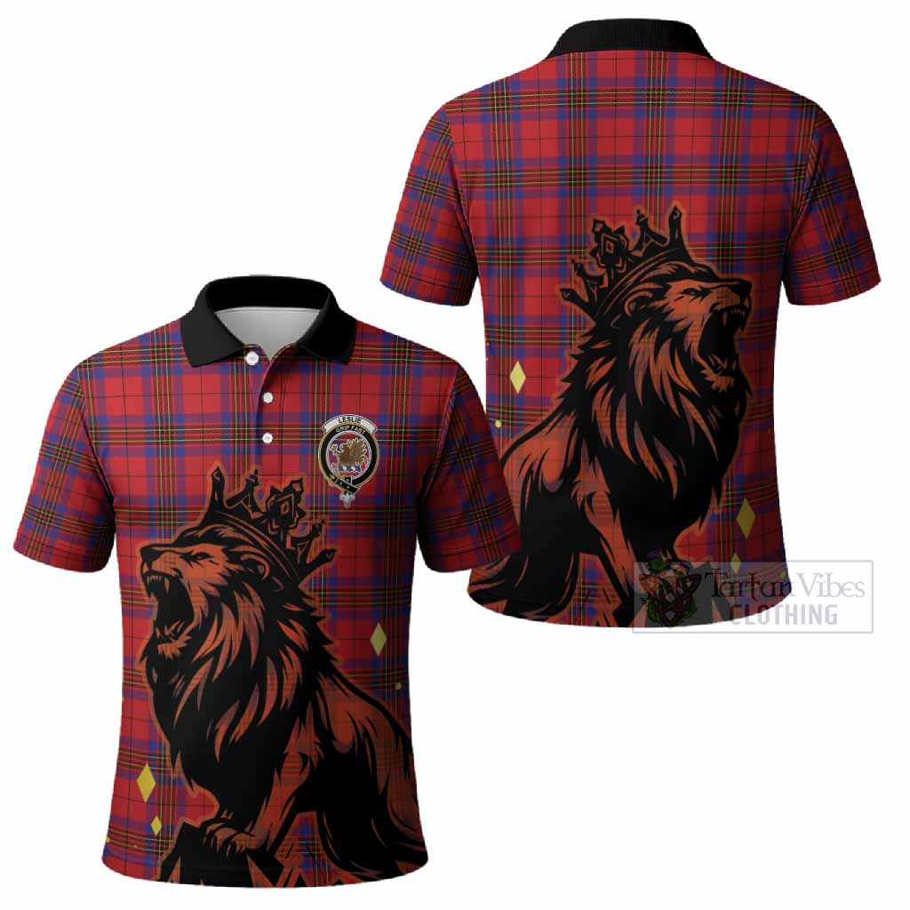 Leslie Tartan Family Crest Polo Shirt Crowned Lion Roaring