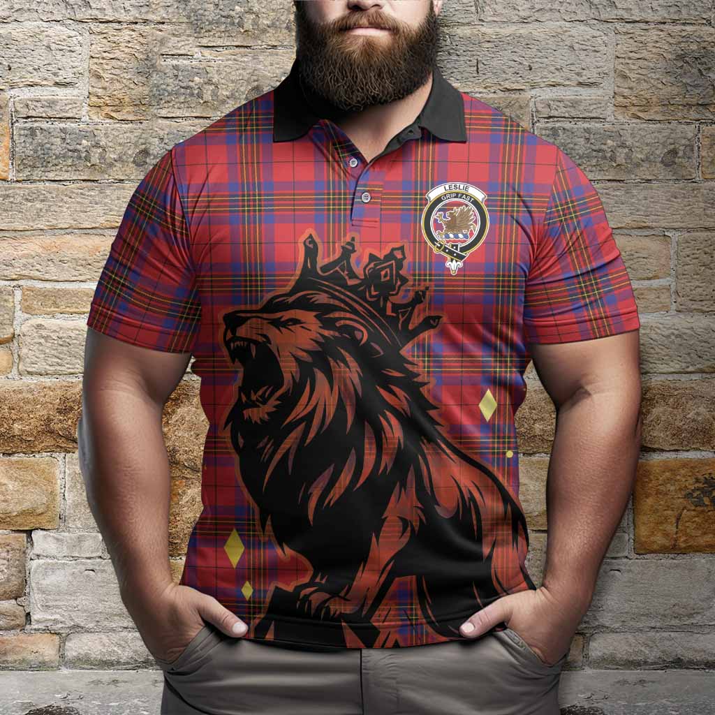 Leslie Tartan Family Crest Polo Shirt Crowned Lion Roaring