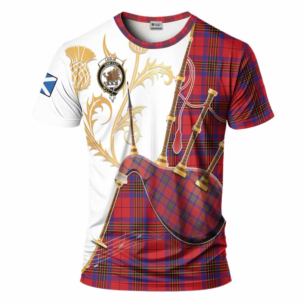 Leslie Tartan Family Crest T-Shirt Bagpipes with Scottish Thistle