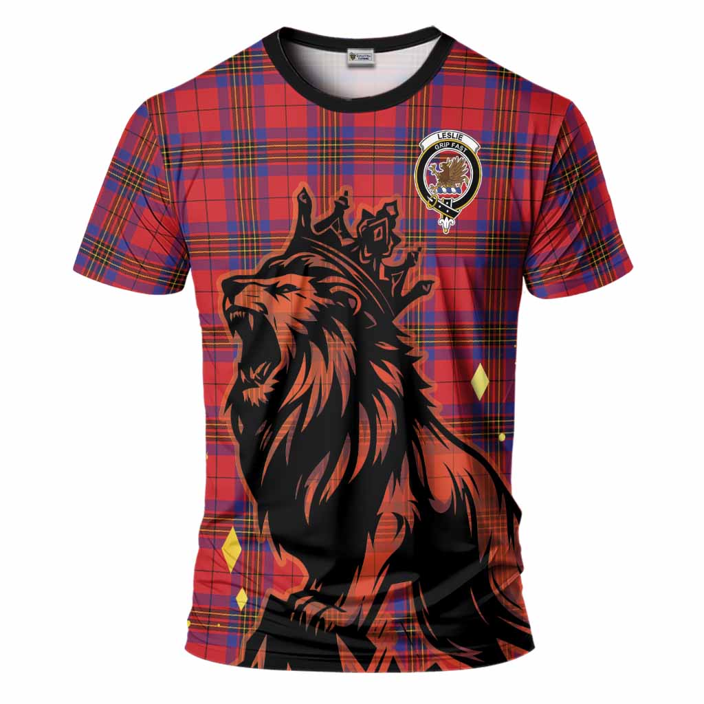 Leslie Tartan Family Crest T-Shirt Crowned Lion Roaring