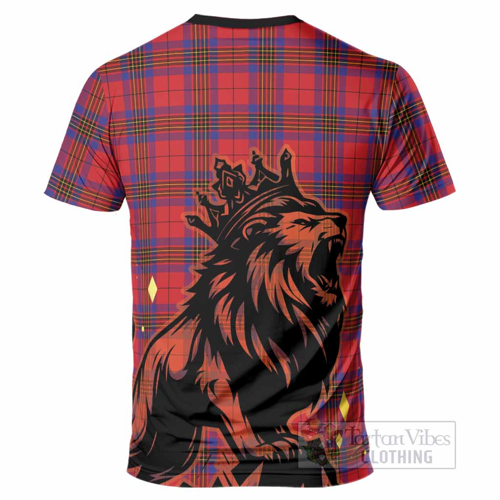 Leslie Tartan Family Crest T-Shirt Crowned Lion Roaring