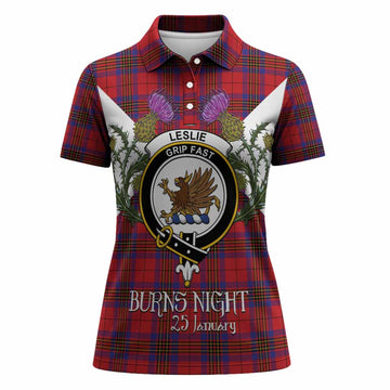 Leslie Tartan Family Crest Women Polo Shirt Scottish Burns Night Thistle Floral