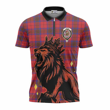 Leslie Tartan Family Crest Zipper Polo Shirt Crowned Lion Roaring