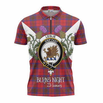 Leslie Tartan Family Crest Zipper Polo Shirt Scottish Burns Night Thistle Floral