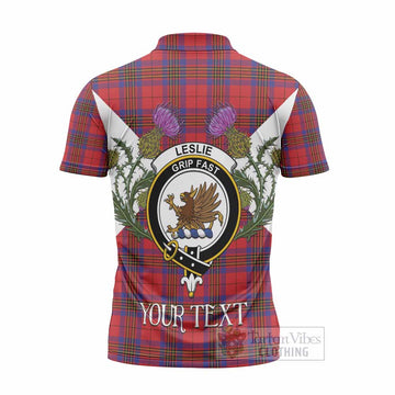 Leslie Tartan Family Crest Zipper Polo Shirt Scottish Burns Night Thistle Floral