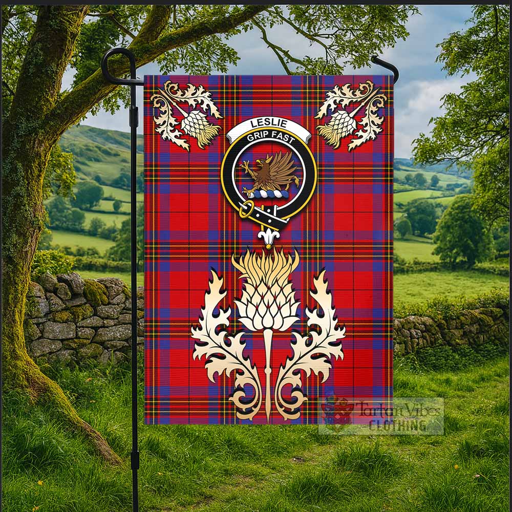 Leslie Tartan Garden Flag with Golden Regal Scottish Thistle Emblem - Tartan Vibes Clothing