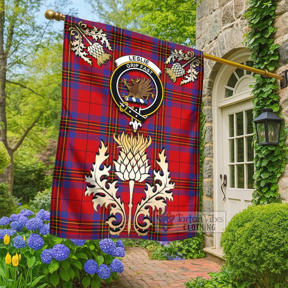 Leslie Tartan Garden Flag with Golden Regal Scottish Thistle Emblem - Tartan Vibes Clothing