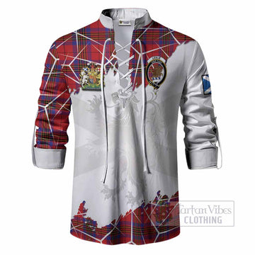 Leslie Tartan Ghillie Shirt with Family Crest and Lion Rampant Grunge Style