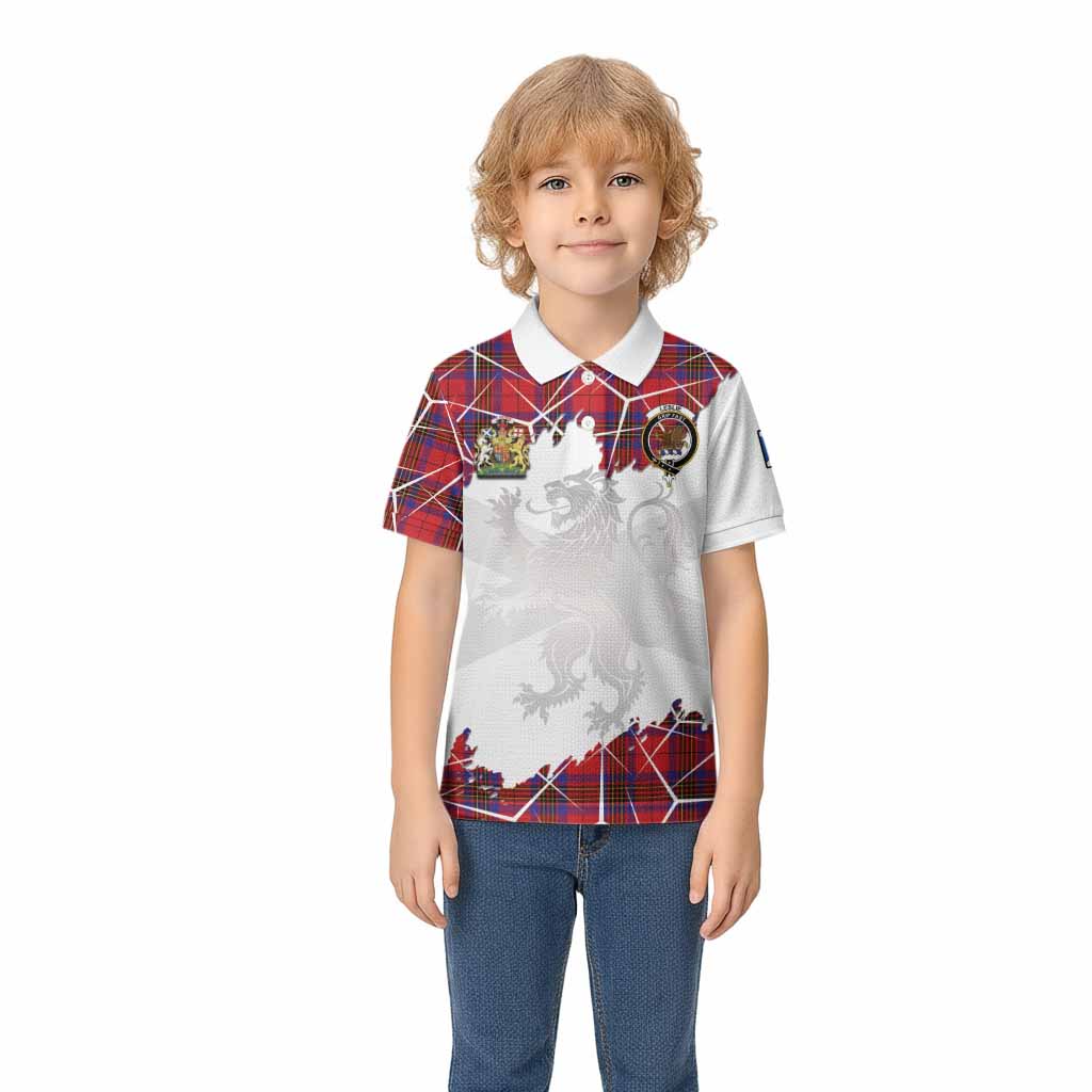 Leslie Tartan Kid Polo Shirt with Family Crest and Lion Rampant Grunge Style