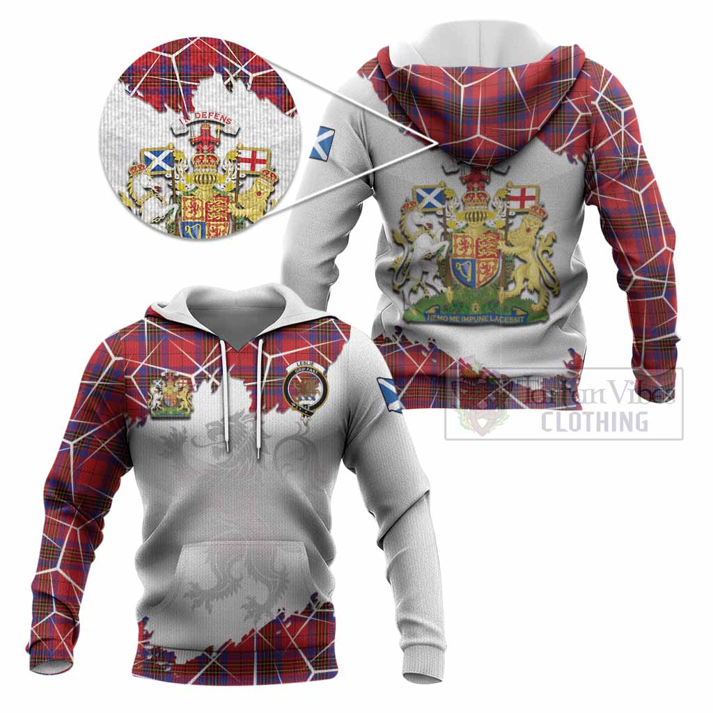 Leslie Tartan Knitted Hoodie with Family Crest and Lion Rampant Grunge Style