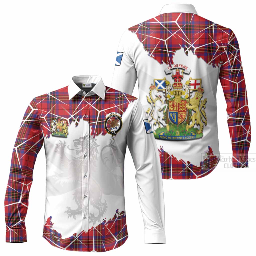 Leslie Tartan Long Sleeve Button Shirts with Family Crest and Lion Rampant Grunge Style