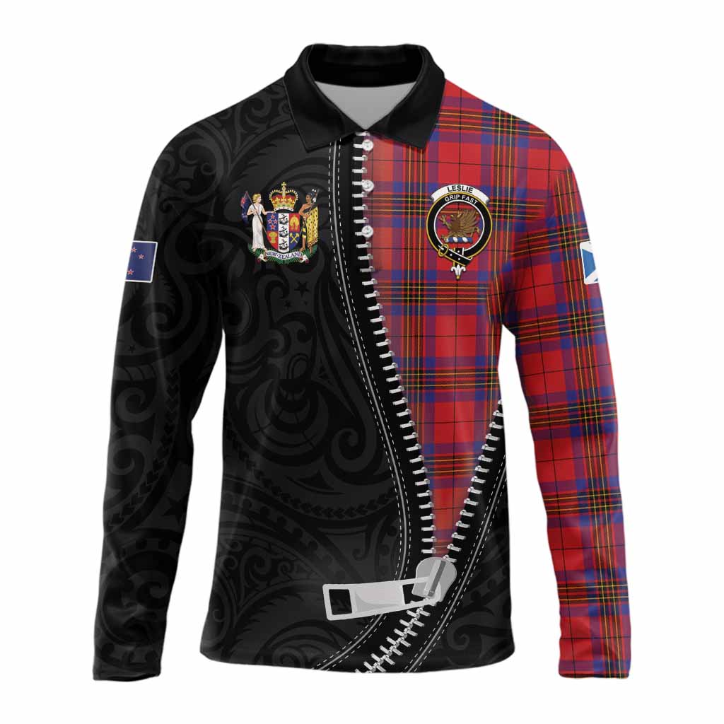 Leslie Tartan Long Sleeve Polo Shirt New Zealand Pattern Unique Zipper Stylized