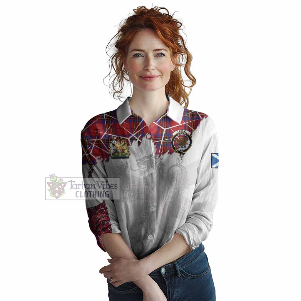 Leslie Tartan Women Casual Shirt with Family Crest and Lion Rampant Grunge Style
