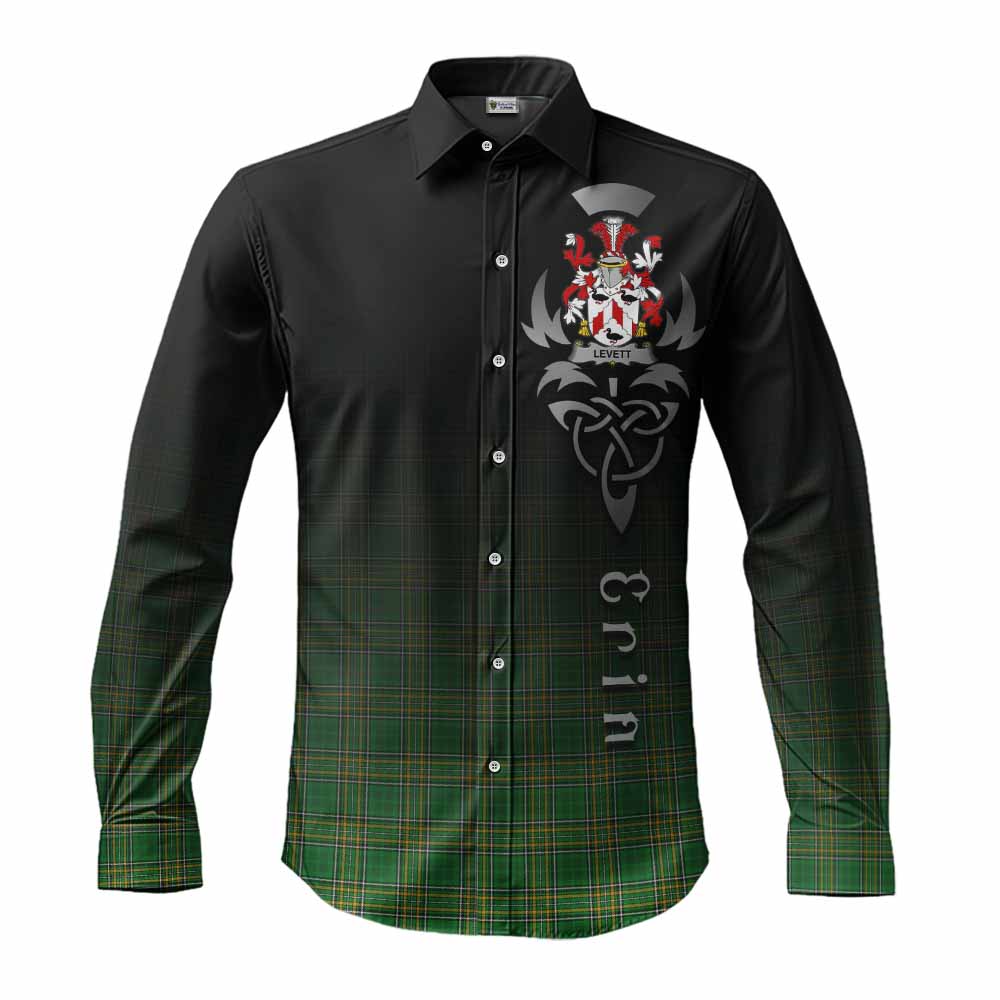 Tartan Vibes Clothing Levett Irish Clan Long Sleeve Button Shirt with Coat of Arms Erin Go Bragh Celtic Inspired