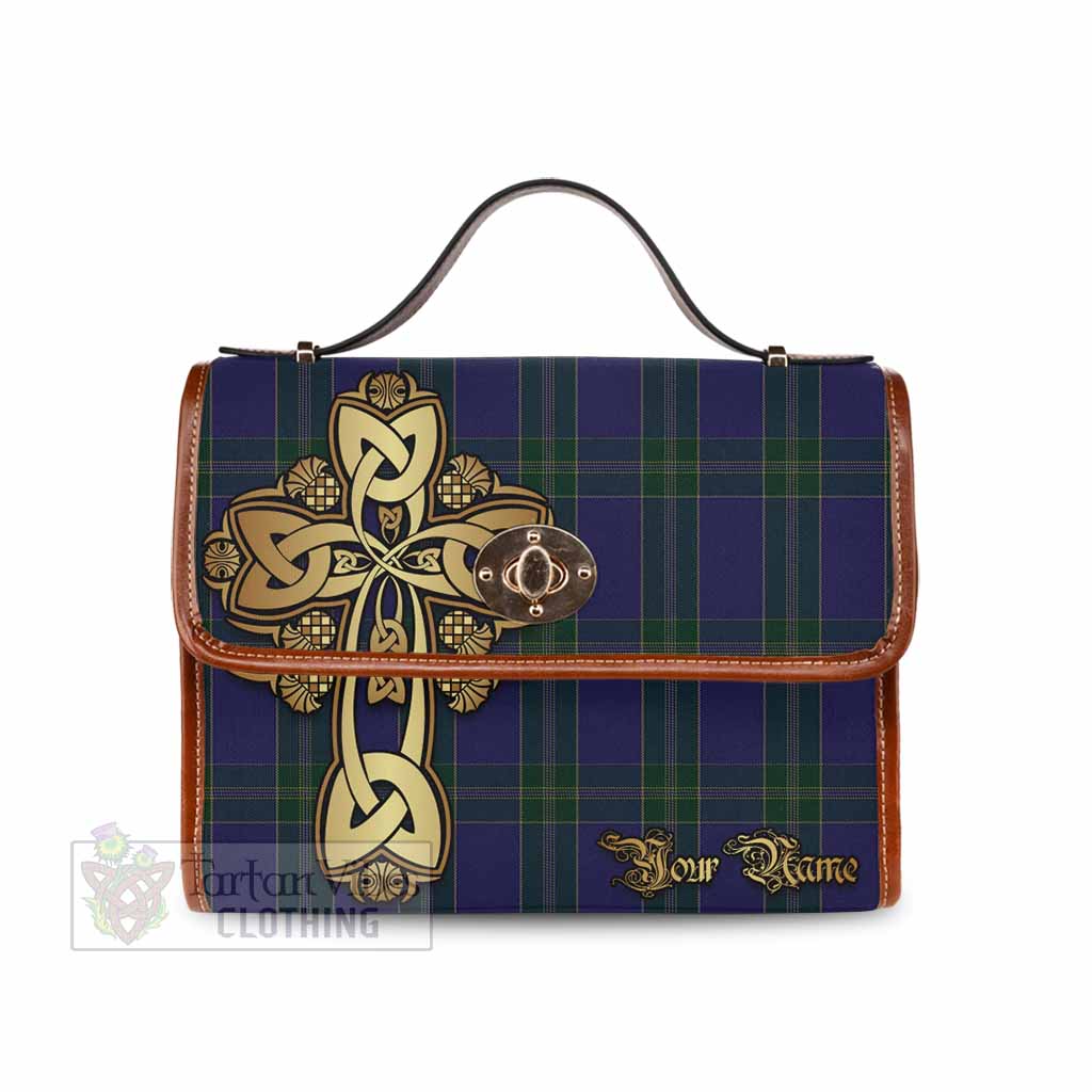 Tartan Vibes Clothing Lewis of Wales Tartan Waterproof Canvas Bag Golden Thistle Celtic Cross Style
