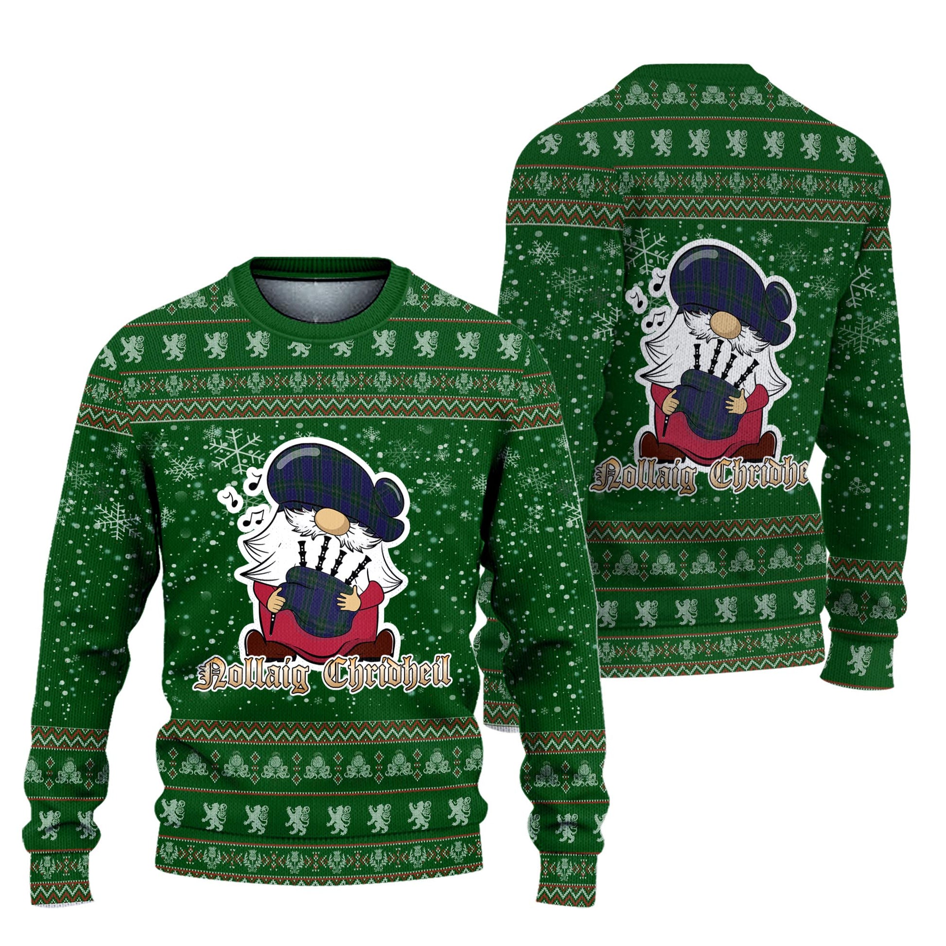 Lewis of Wales Clan Christmas Family Knitted Sweater with Funny Gnome Playing Bagpipes Unisex Green - Tartanvibesclothing