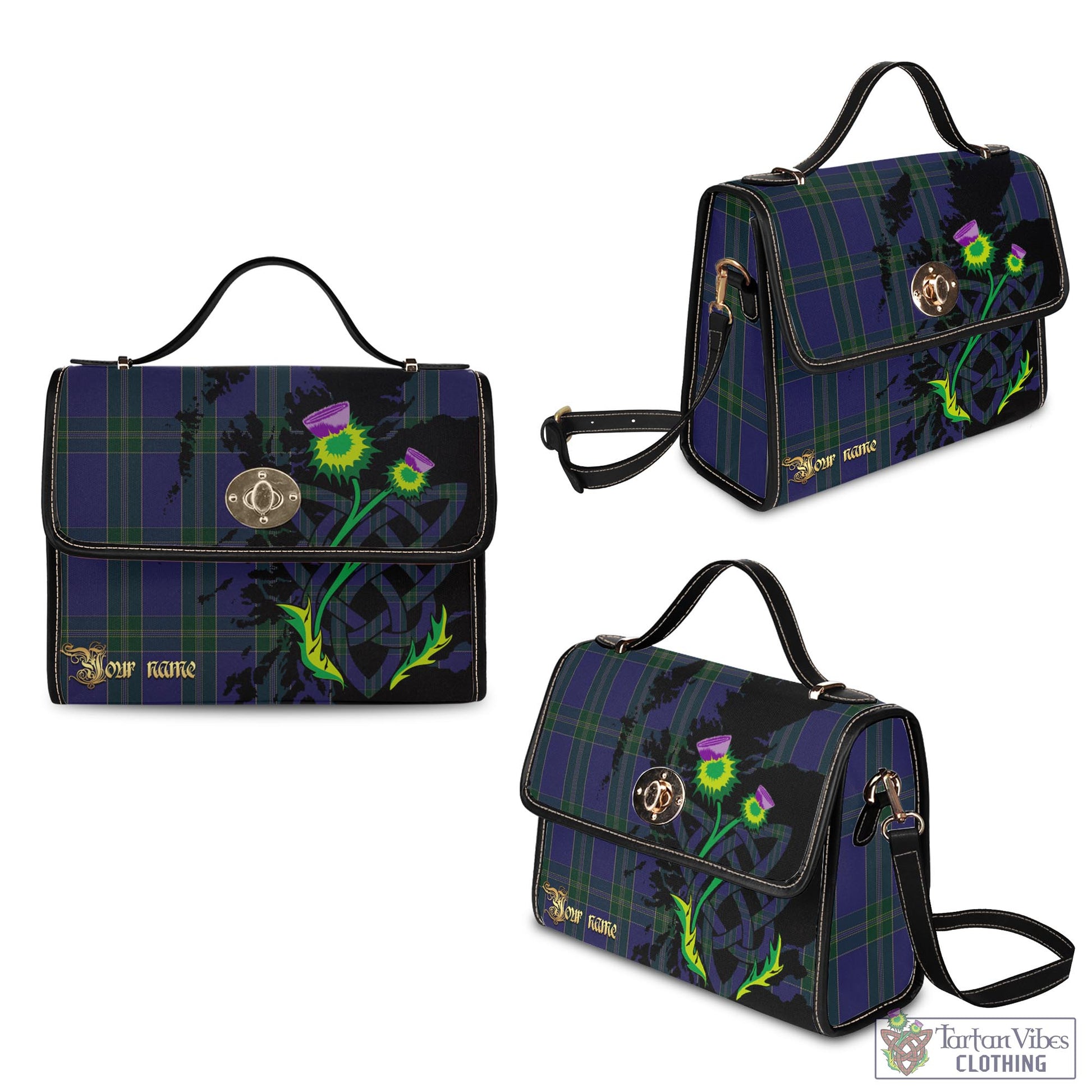 Tartan Vibes Clothing Lewis of Wales Tartan Waterproof Canvas Bag with Scotland Map and Thistle Celtic Accents