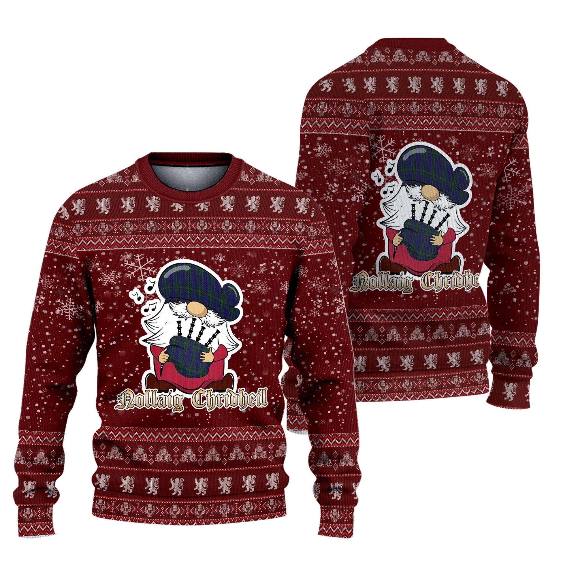 Lewis of Wales Clan Christmas Family Knitted Sweater with Funny Gnome Playing Bagpipes Unisex Red - Tartanvibesclothing