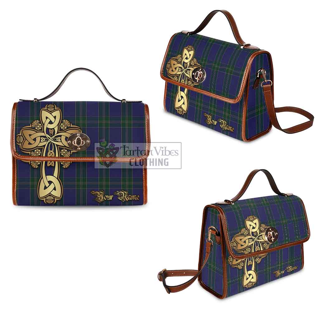 Tartan Vibes Clothing Lewis of Wales Tartan Waterproof Canvas Bag Golden Thistle Celtic Cross Style