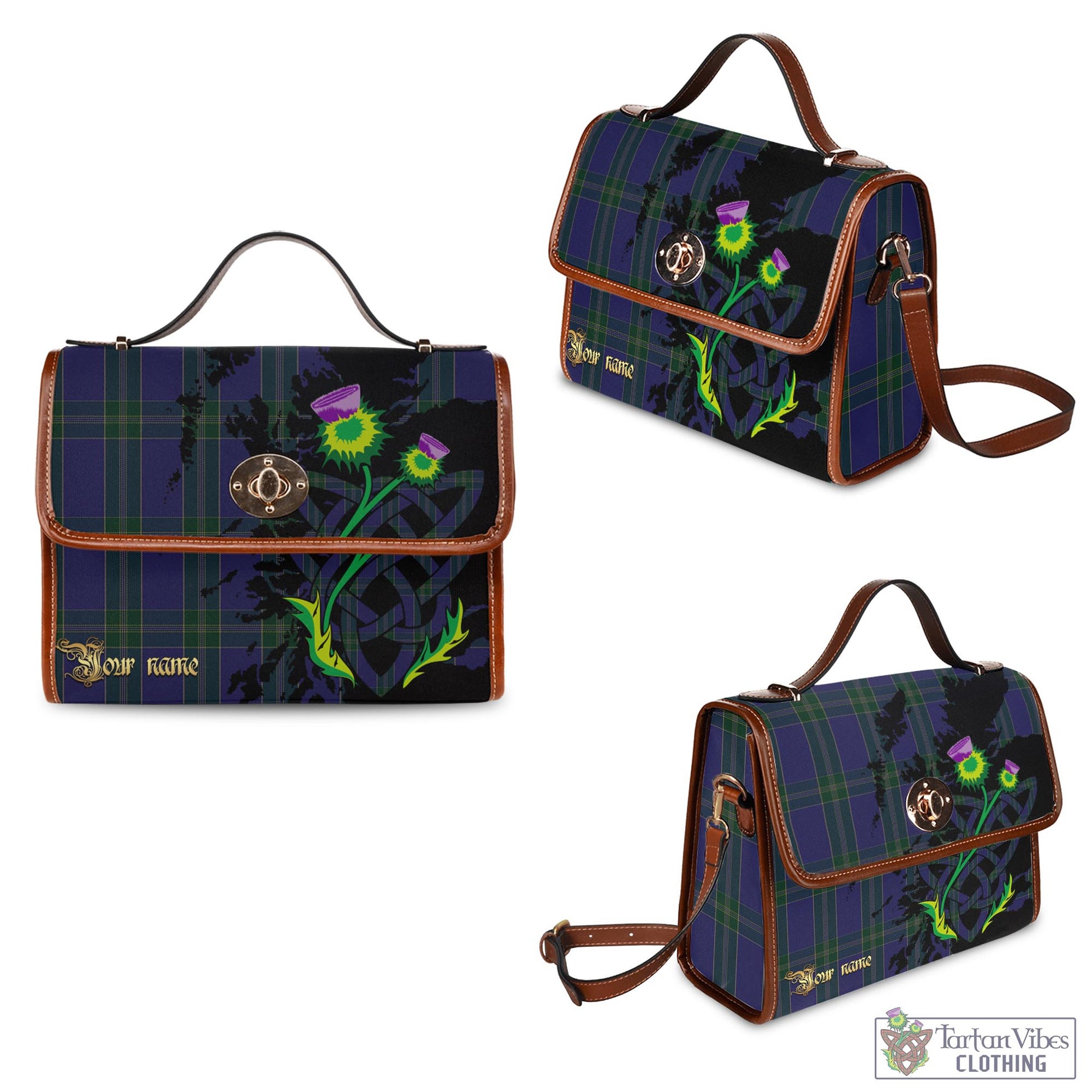 Tartan Vibes Clothing Lewis of Wales Tartan Waterproof Canvas Bag with Scotland Map and Thistle Celtic Accents