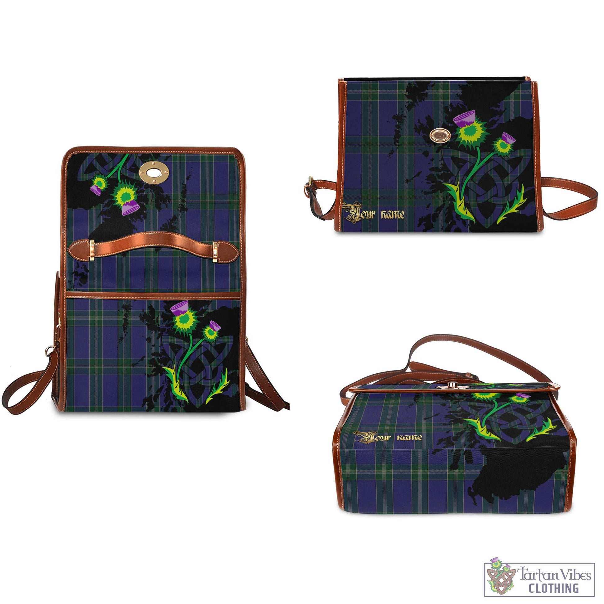 Tartan Vibes Clothing Lewis of Wales Tartan Waterproof Canvas Bag with Scotland Map and Thistle Celtic Accents