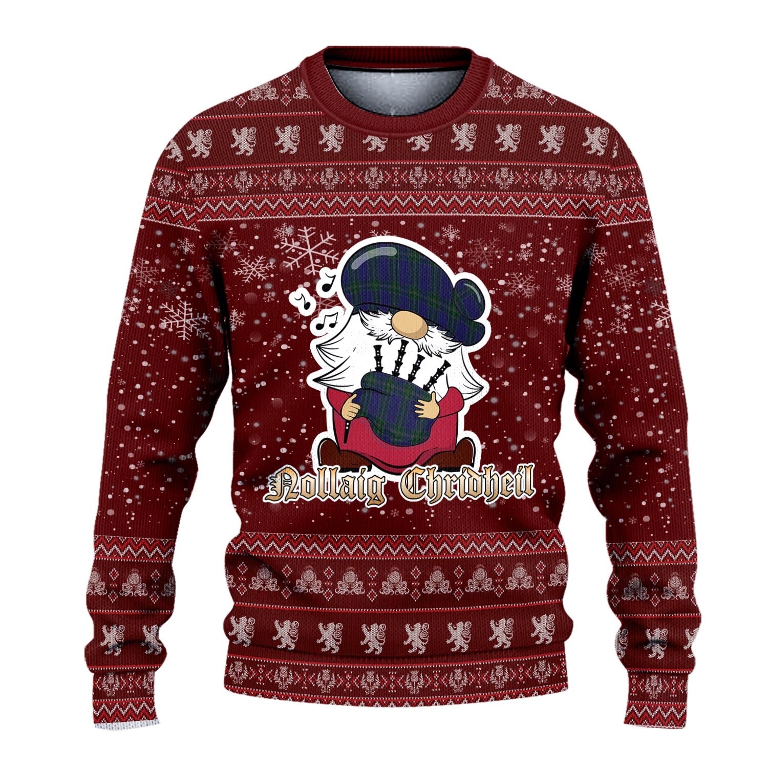 Lewis of Wales Clan Christmas Family Knitted Sweater with Funny Gnome Playing Bagpipes - Tartanvibesclothing