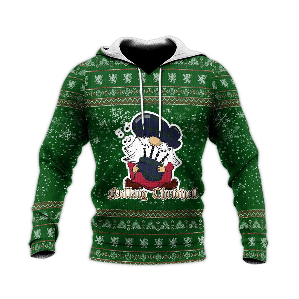 Lewis of Wales Clan Christmas Knitted Hoodie with Funny Gnome Playing Bagpipes - Tartanvibesclothing