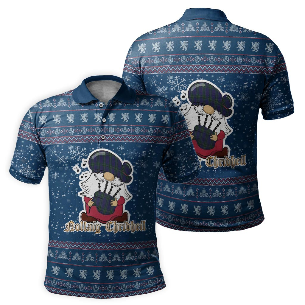 Lewis of Wales Clan Christmas Family Polo Shirt with Funny Gnome Playing Bagpipes Men's Polo Shirt Blue - Tartanvibesclothing