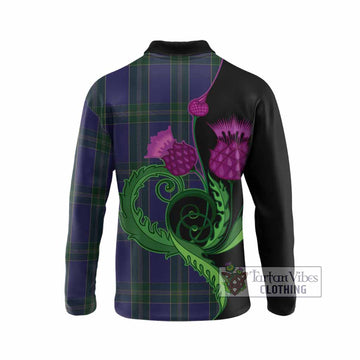 Lewis of Wales Tartan Long Sleeve Polo Shirt Traditional Scottish Thistle
