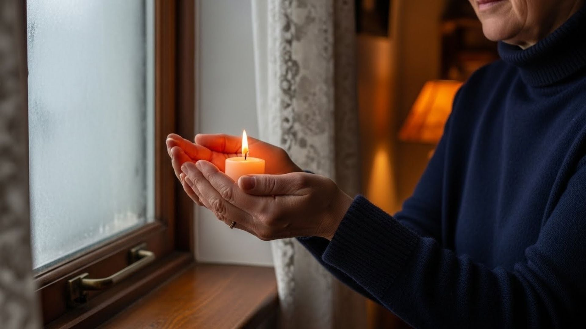 Close-up of hands cupping a burning candle beside a frosted window.