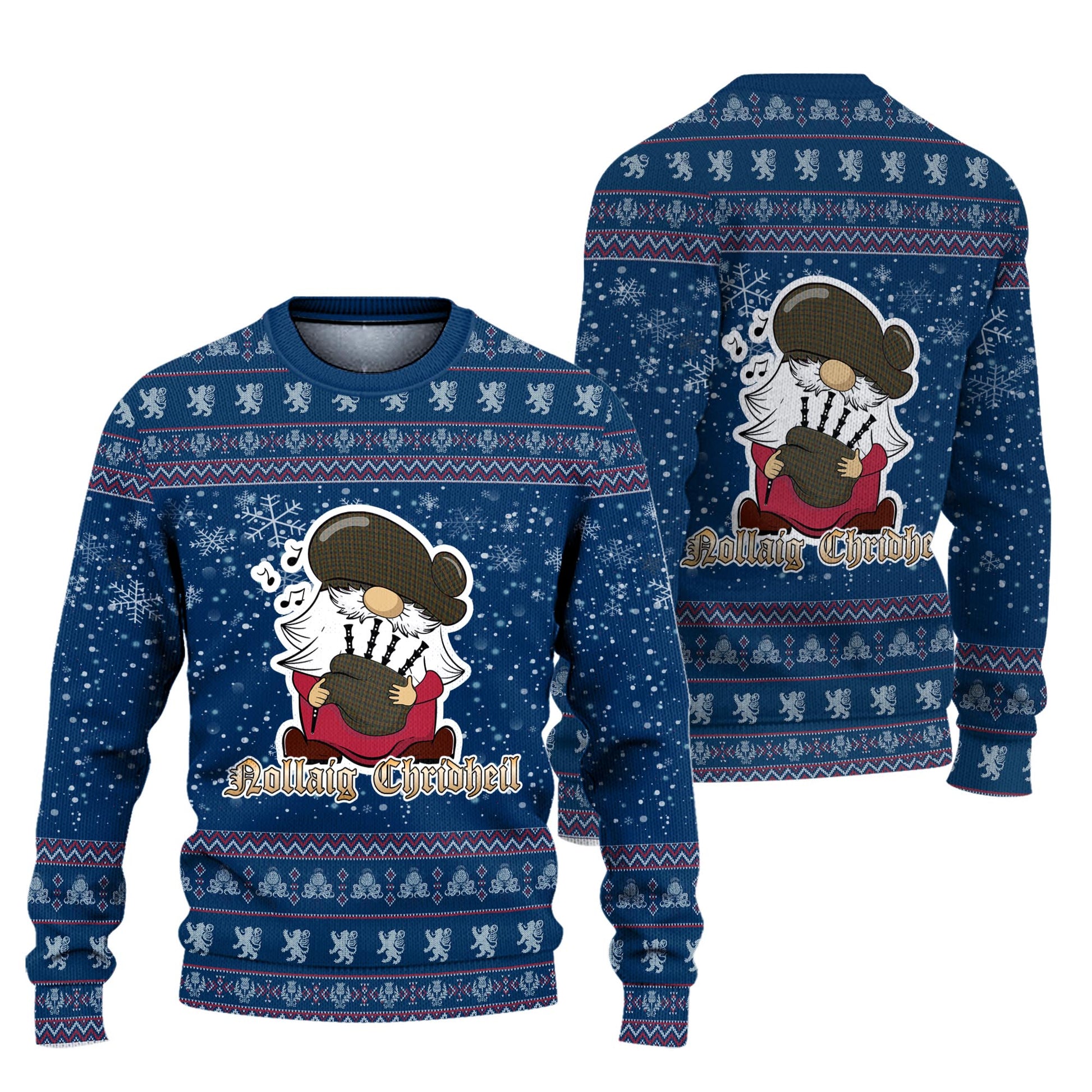 Limerick County Ireland Clan Christmas Family Knitted Sweater with Funny Gnome Playing Bagpipes Unisex Blue - Tartanvibesclothing