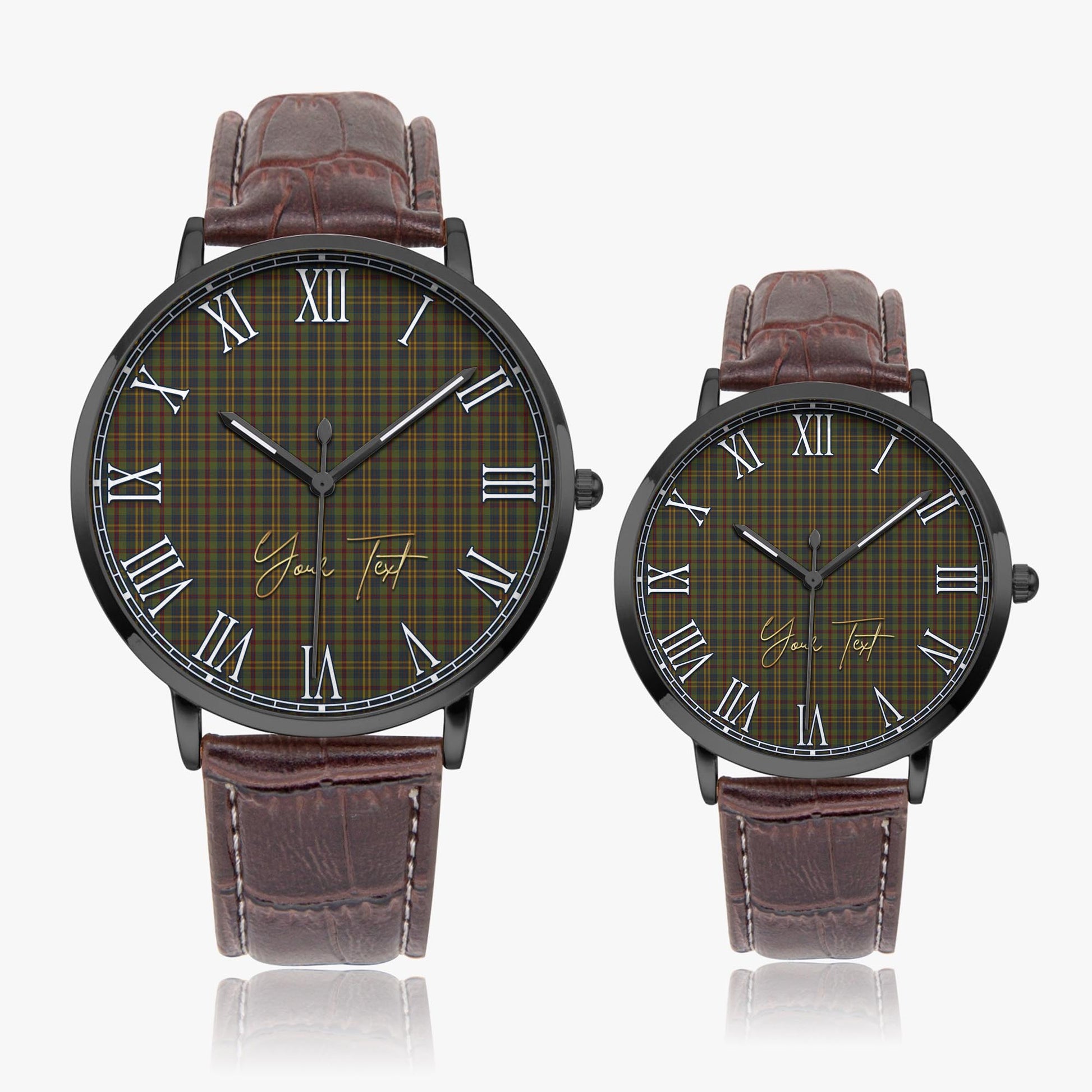 Limerick County Ireland Tartan Personalized Your Text Leather Trap Quartz Watch Ultra Thin Black Case With Brown Leather Strap - Tartanvibesclothing